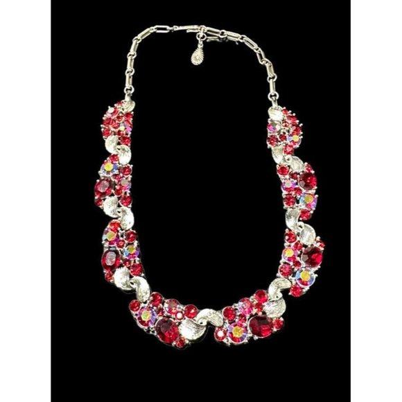 Vintage Lisner Bright Red Glass and AB Silver Tone Choker Necklace 17" - Picture 1 of 8